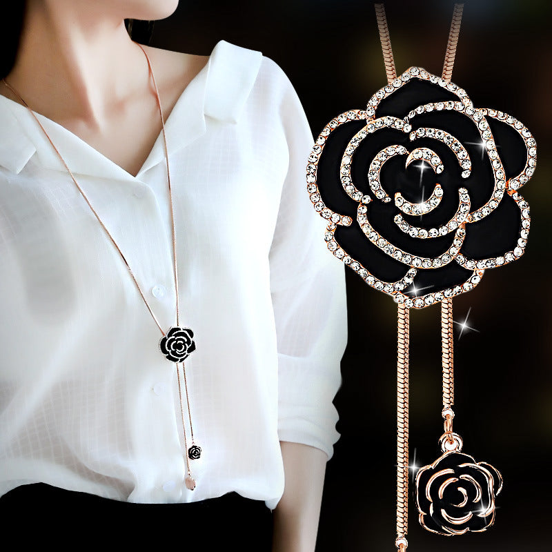 Korean Style Sparkling Black Rose Long Sweater Chain New High-End Elegant Retro Clothing Pendant Necklace Accessories