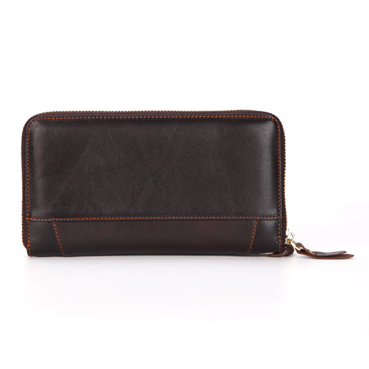 Dropshipping Spot Oil Wax Leather Single Pull Bag First Layer Genuine Leather Long Zipper Bag Retro Hot Selling Cross-Border Wallet