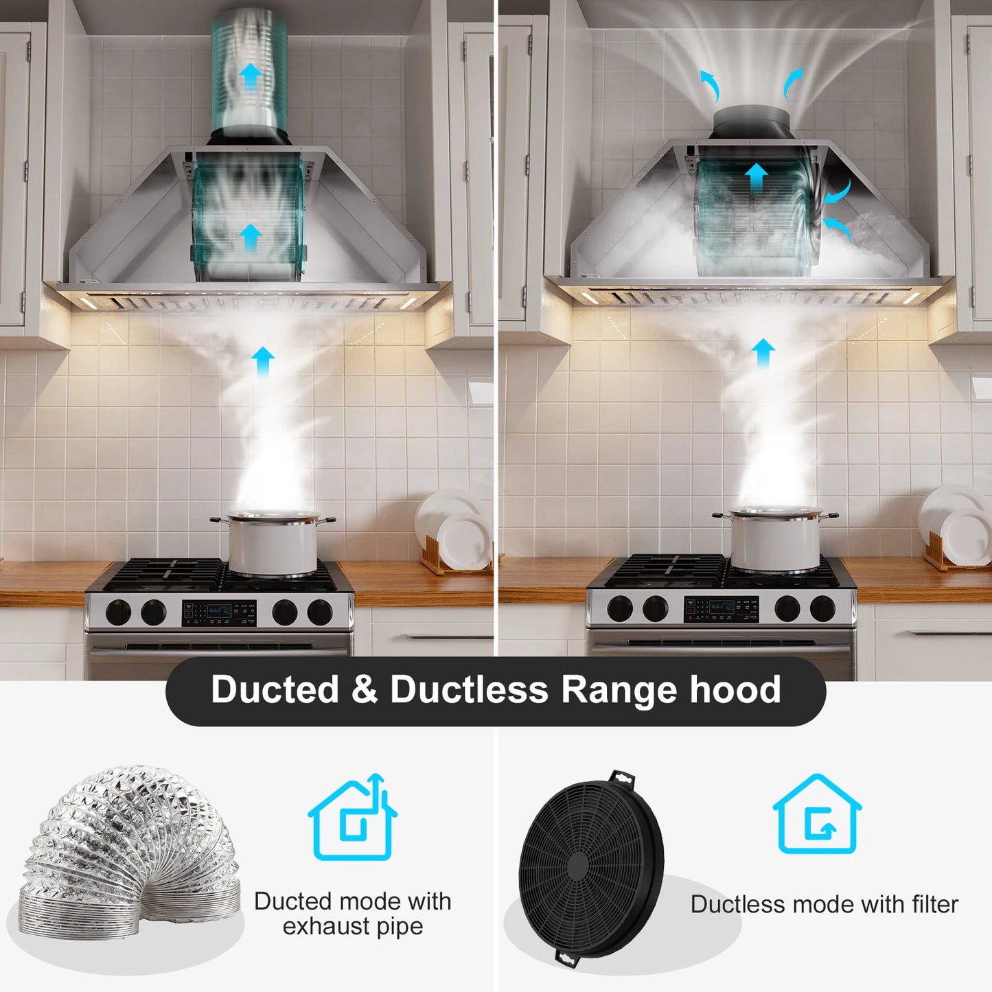 BRANO Range Hood Insert 30 Inch, 900 CFM Smart Voice/Gesture/Touch Control, 4 Speed Exhaust Fan, Stainless Steel Kitchen Hood with Charcoal Filter, Ducted/Ductless Convertible