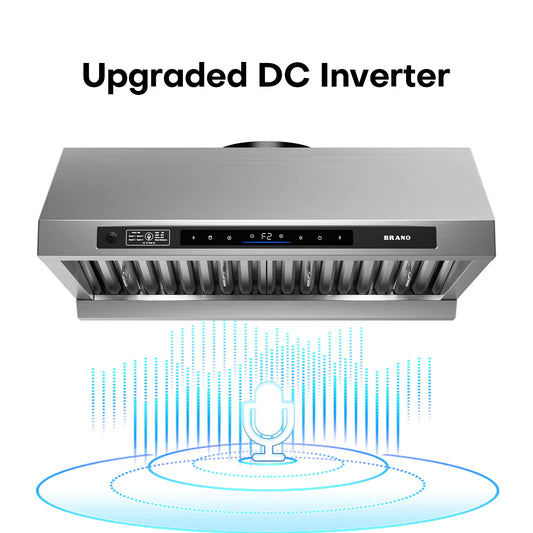 BRANO | DC Motor Series 30-Inch Under-Cabinet Range Hood Silver | 120V,1200CFM Brushless 6-Speed, Voice & Gesture Control, LED Lighting, Baffle Filters