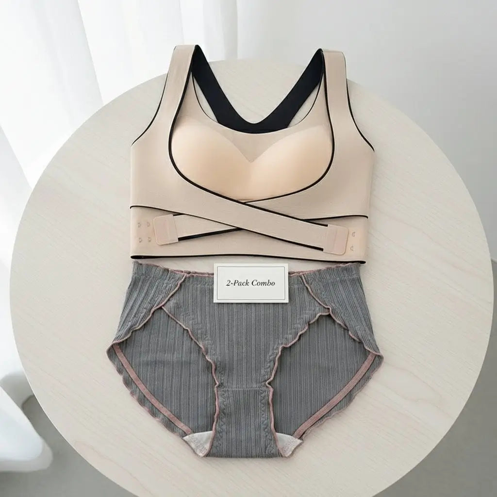 Beige Crossover Push Up Support Bra & Grey Ribbed Panty Set