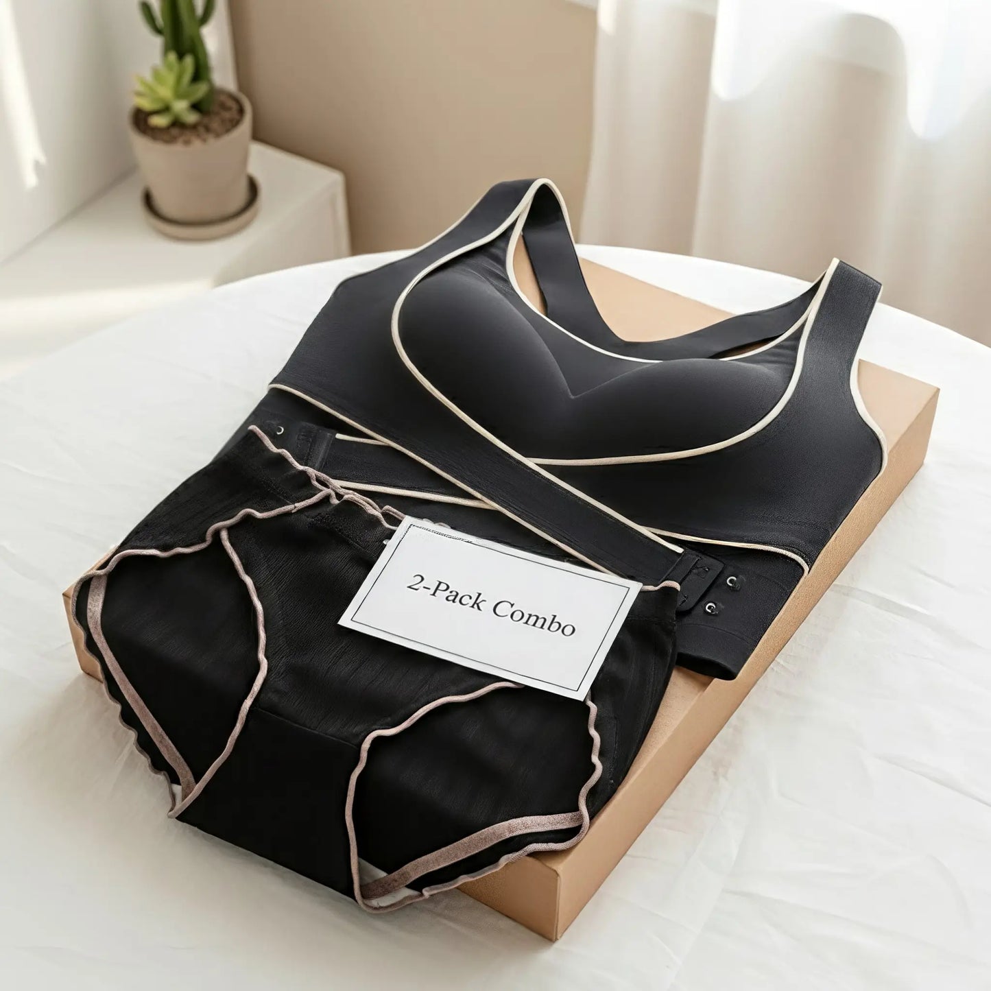 Black Crossover Push Up Support Bra & Grey Ribbed Panty Set