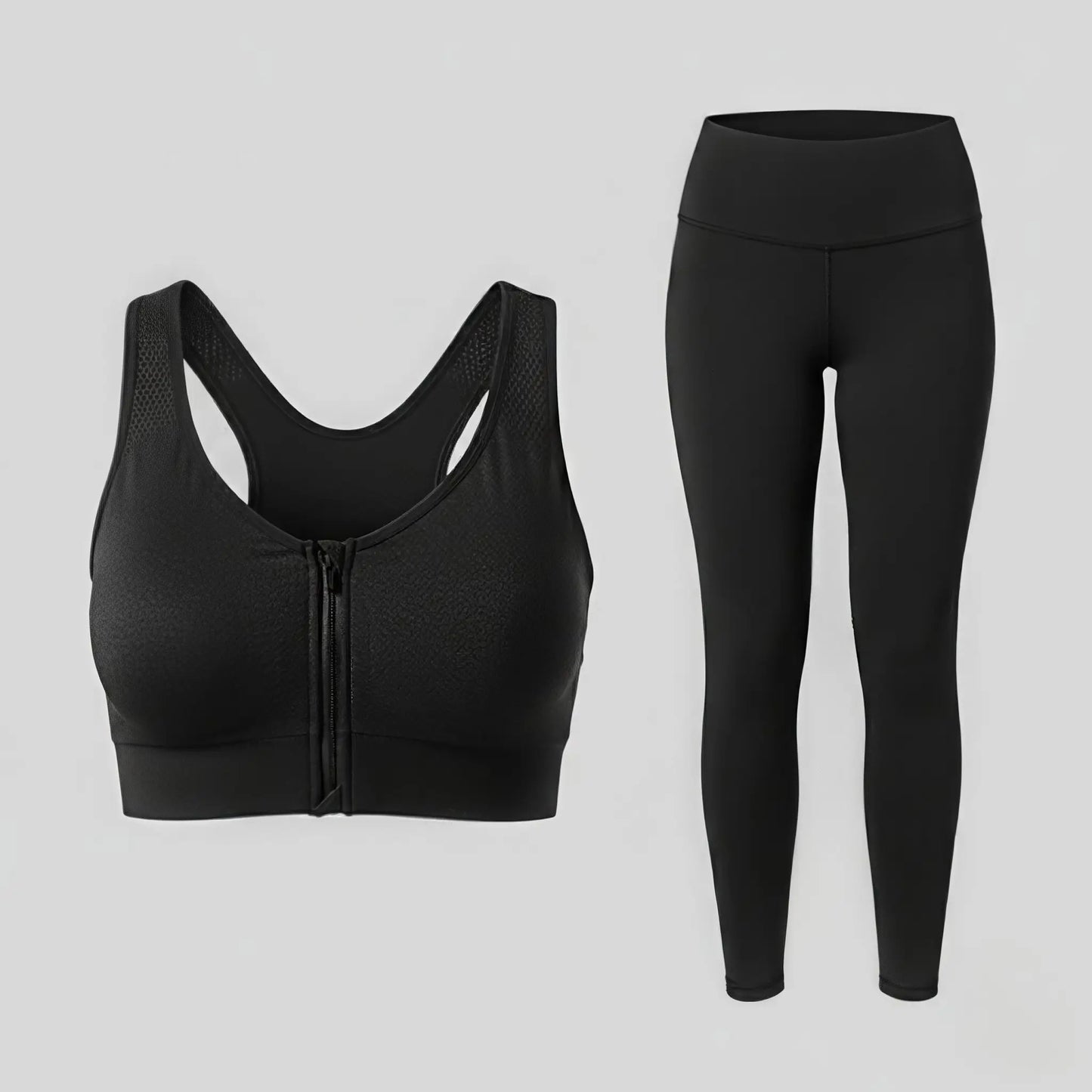 Combo Women’s High-Waisted Black Active Stretch Leggings + Push-Up Front-Zip Sports Bra | Black