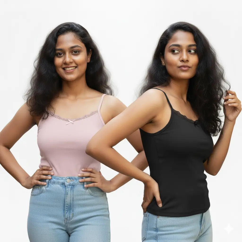 Combo Black & Pink Lace Trim Cami Top with Pad | Shopander