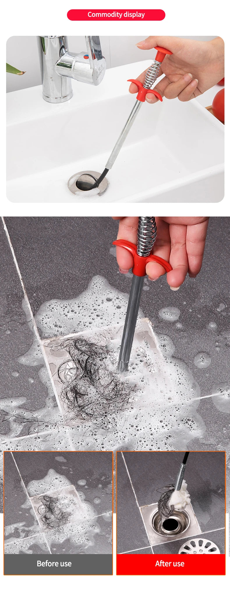 60cm Drain Snake Pipe Dredger Sink Clog Remover For Kitchen Household Use