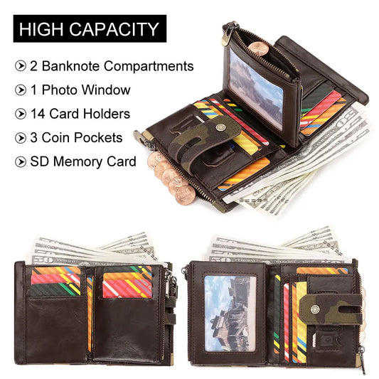 HUMERPAUL Oxford Wallet for Men RFID Blocking Credit Cards Holder Purse Inner Top Layer Leather Male Zipper Coin Pocket