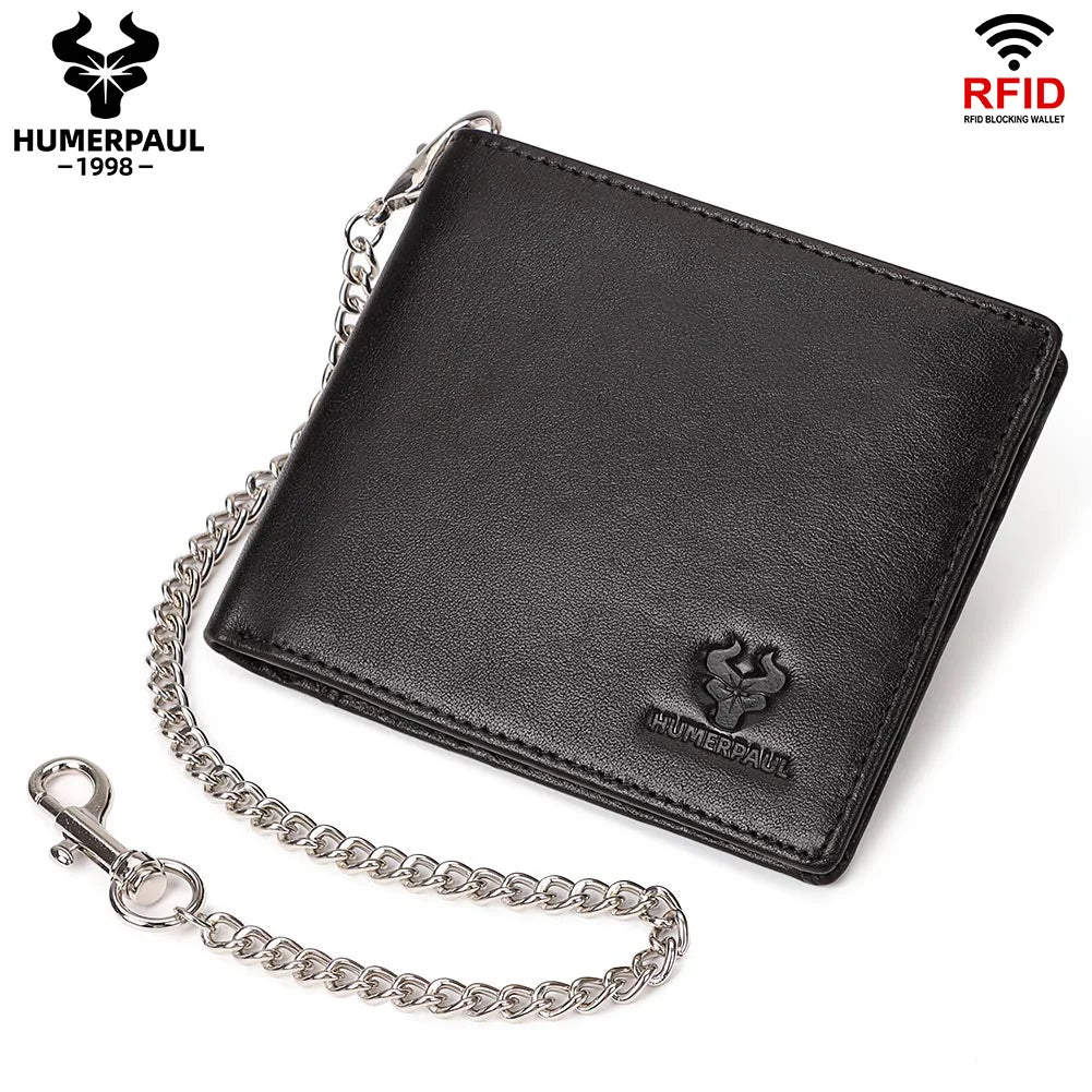 HUMERPAUL Genuine Leather Short Purse for Men Custom logo RFID Blocking Coin Pocket with Anti-Theft Chain Men Biker Wallets