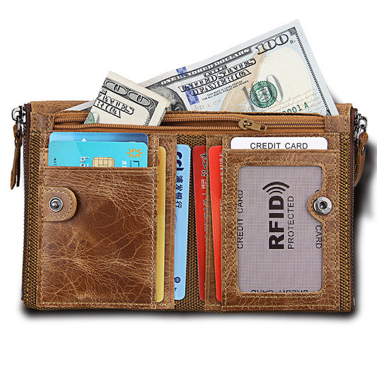 Crazy Horse Cowhide Men's Wallet RFID Anti-theft Brush Cowhide Short Men's Ticket Clip Wallet Double Zipper Coin Purse