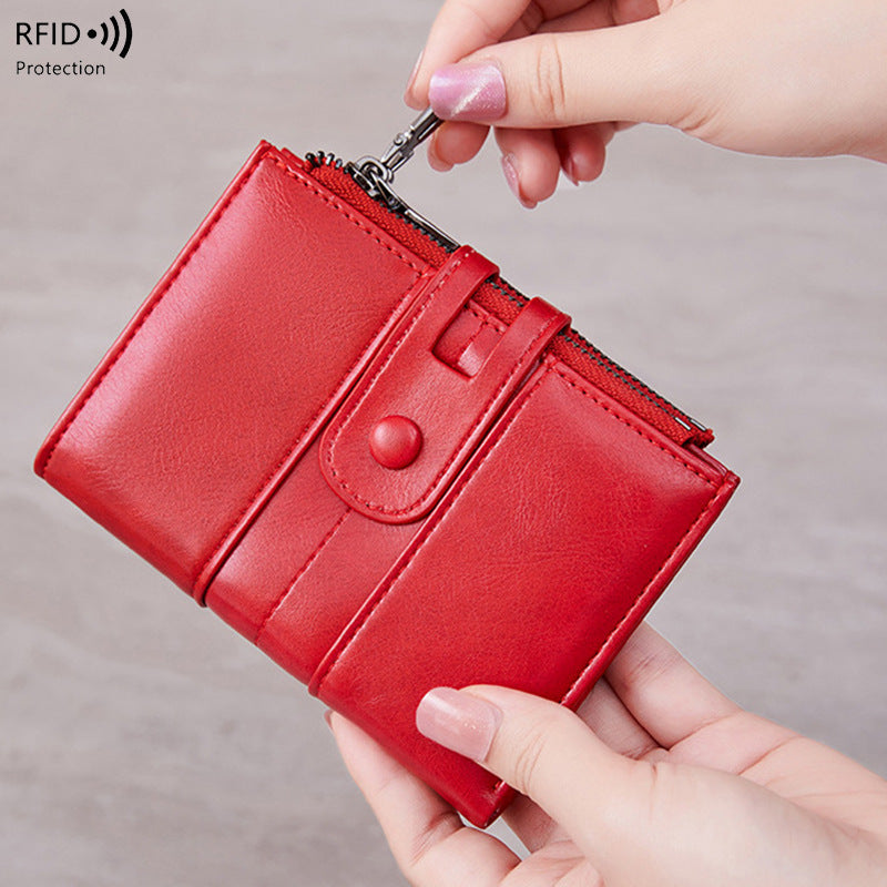 Cross-Border 2025Rfid Anti-Theft Wallet Retro Oil Wax Leather Double Zipper Coin Purse European and American Fashion Short Wallet