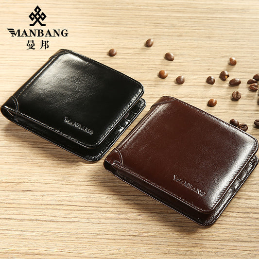 Cross-Border Dropshipping Manbang Men's Wallet Horizontal First-Layer Cowhide Wallet Classic Short 70% off Rifd Anti-Theft Brush