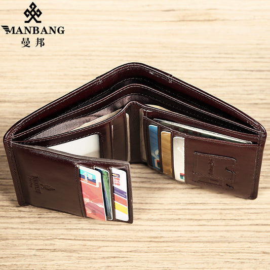 Cross-border delivery Manbang wallet oily leather short first layer cowhide wallet classic tri-fold RIFD anti-theft wallet