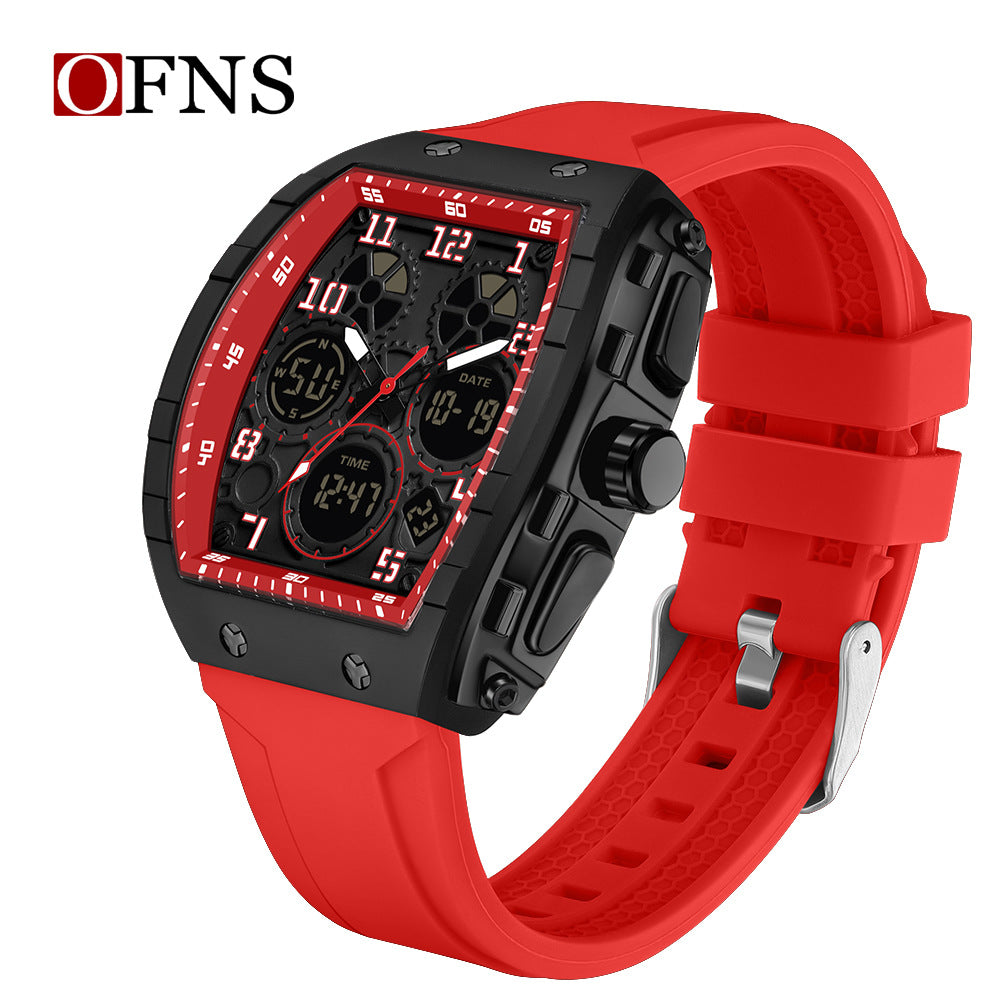 Ofns Fashion Watch Sports Waterproof Watch Barrel-Shaped Multi-Function Luminous Dual-Time Student Digital Watch