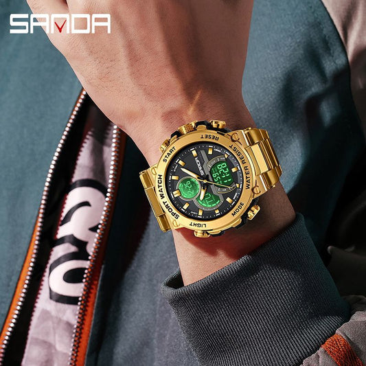 Sanda foreign trade best selling electronic watch fashion business steel band luminous wrist watch multi-functional dual display men's watch wholesale