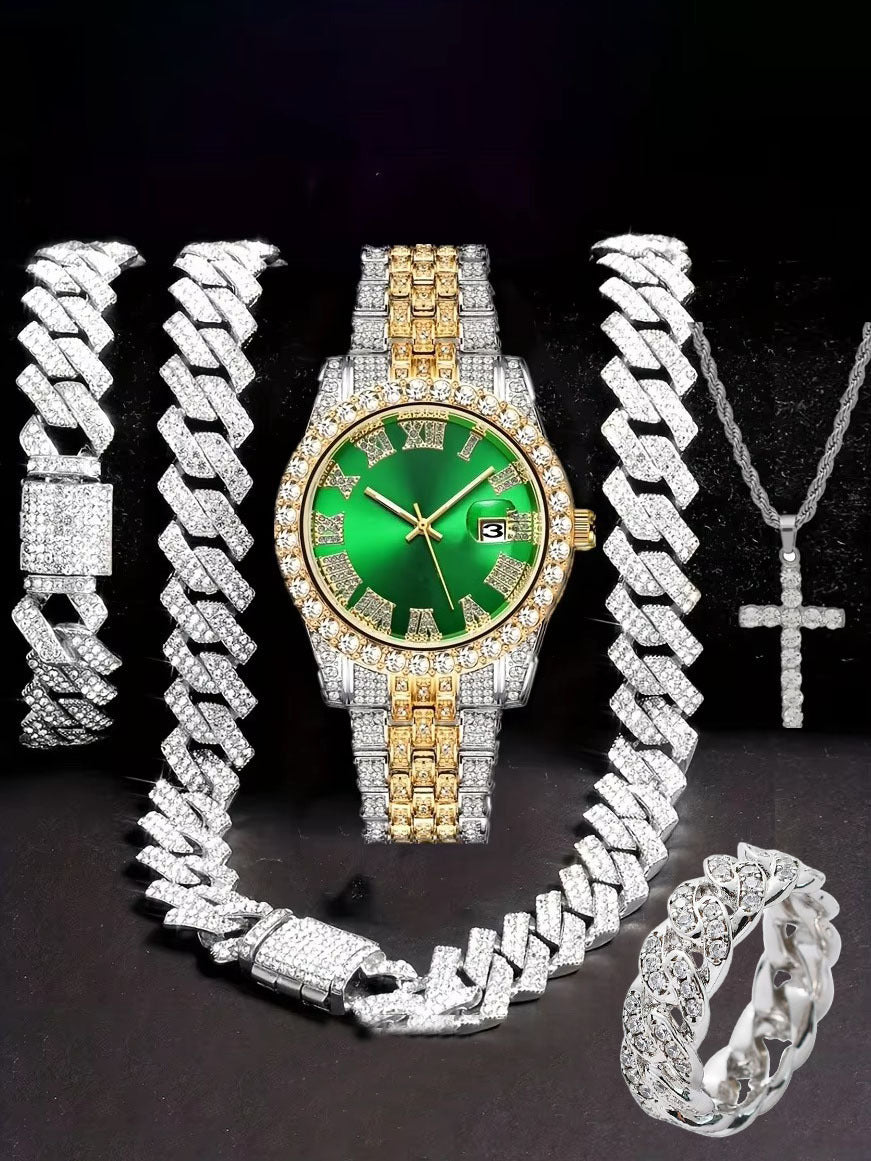 Hiphop Hip Hop Diamond Watch Five-Piece Diamond Cuban Chain Cross Necklace Cuban Ring Cross Border Wholesale