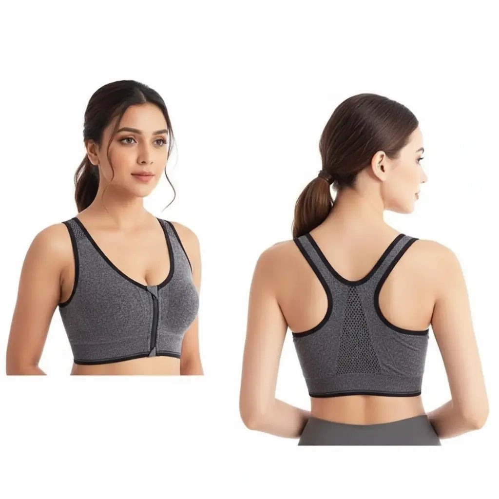 Push-Up Sports Bra – Front Zipper | Yoga, Gym & All-Day Comfort | Gray