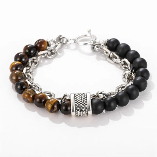 1 PCs Fashion Punk Frosted Stone Chain Geometric Double Layer Wear High Sense Trend All-Match Beaded Bracelet