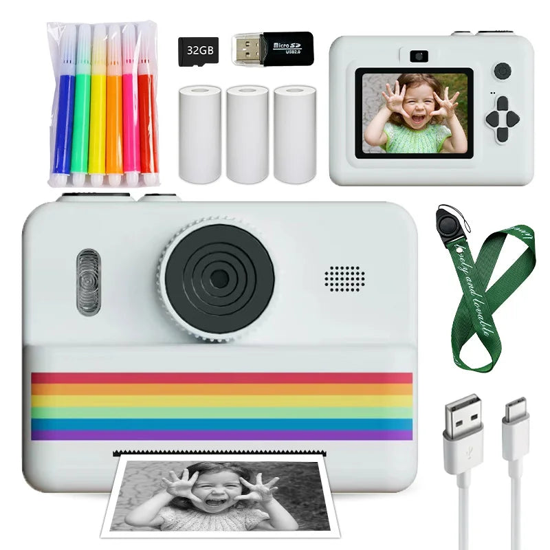 Kids Instant Camera with 32GB Memory Card & Color Pencil, Dual Cameras, Flashlight, the Perfect Gift for Boys and Girls.
