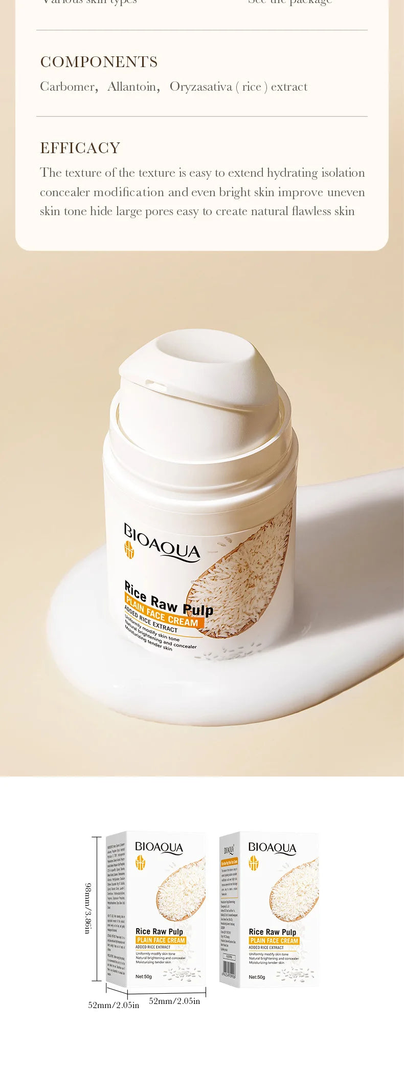 BIOAOUA Rice Raw Pure Non-Facial Cream Brightening and Rejuvenating Facial Brightening Cream