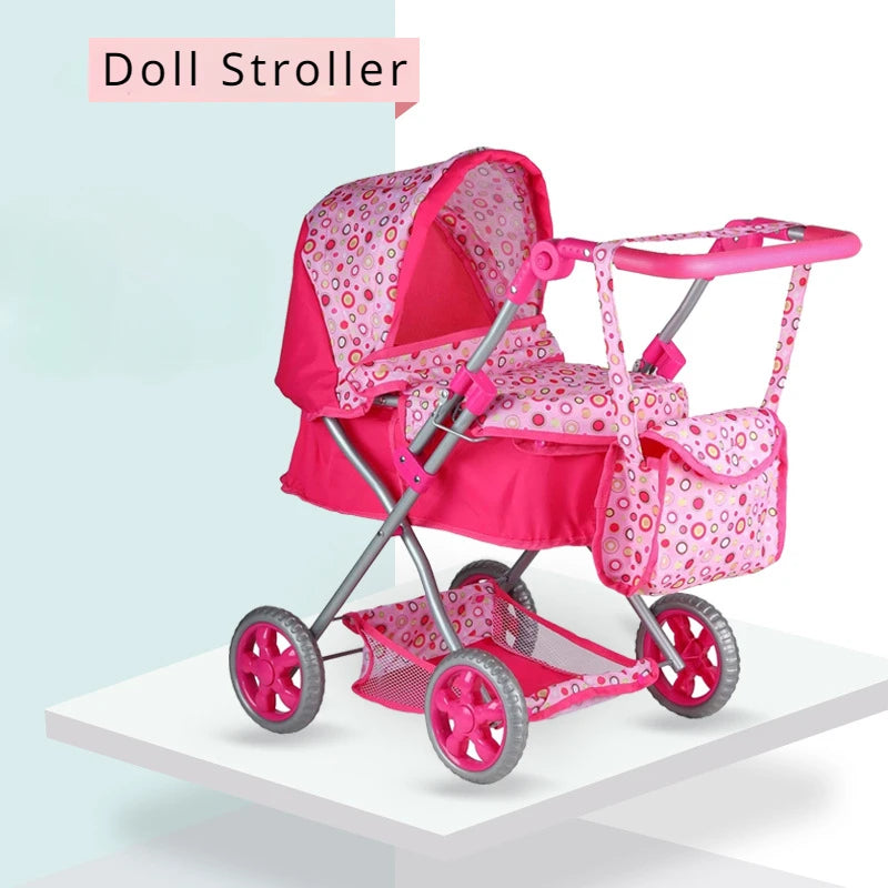 Foldable Baby Doll Stroller Large Toy Pram with Shoulder Bag Retractable Canopy Adjustable Soft Handle Kids Girls Pretend Play