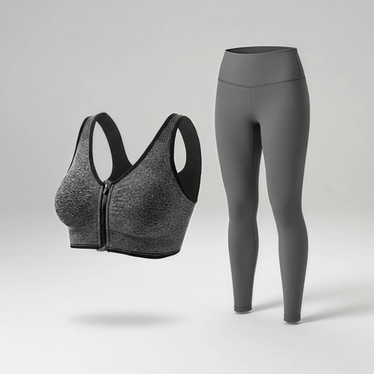 Combo Women’s High-Waisted Gray Active Stretch Leggings + Push-Up Front-Zip Sports Bra | Gray