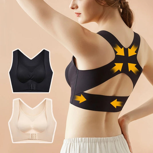 Woman wearing a back-support posture corrector bra in black and nude colors.