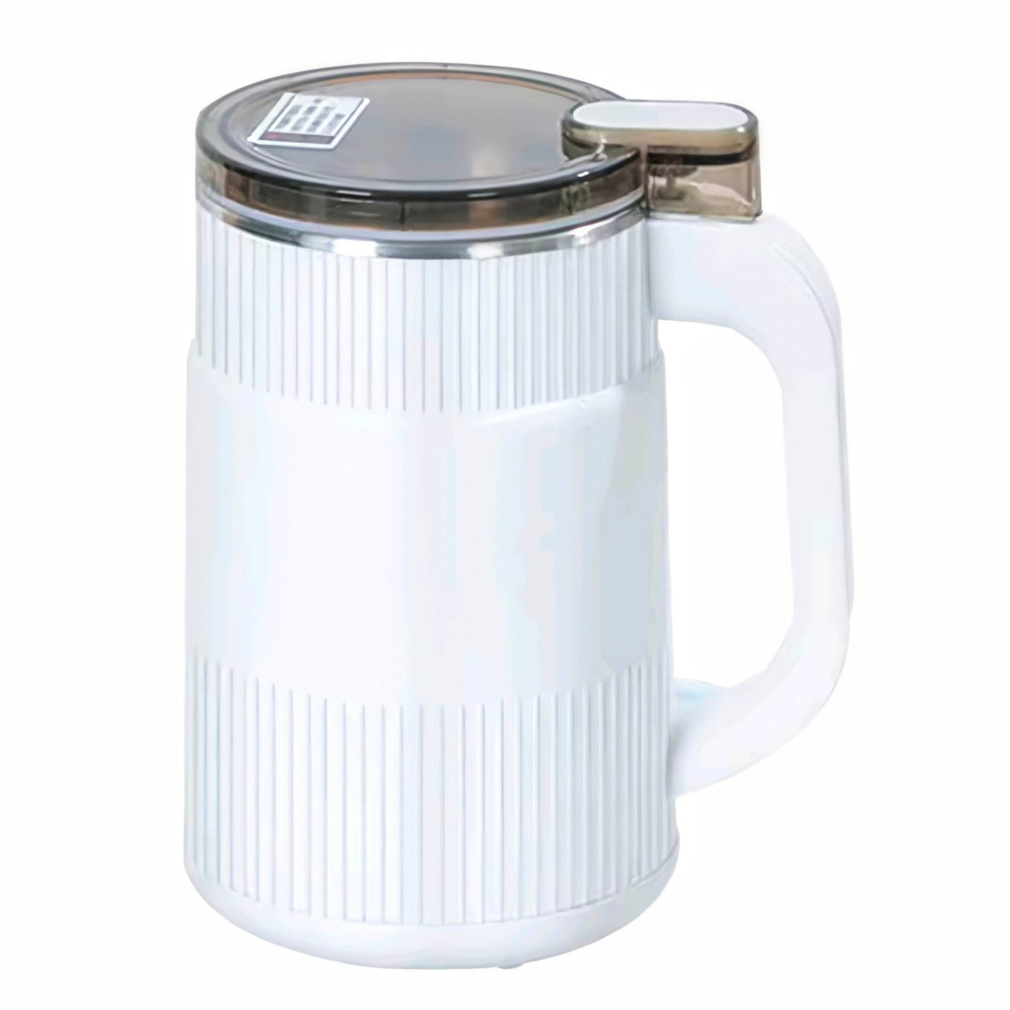 White mug with a ribbed design and clear lid on a white background