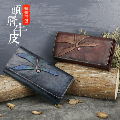 New Top Layer Cowhide Coin Purse Women's Butterfly Leather Carved Bag Long Wallet European and American Clutch Leather Women's Wallet