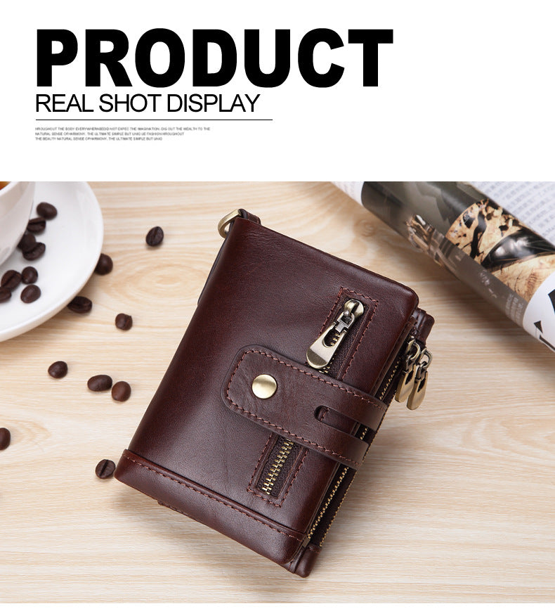 Cross-border Hot Selling Men's Cowhide Fashion Business Casual Multi-card Short Leather Wallet Zipper Card Bag Coin Purse