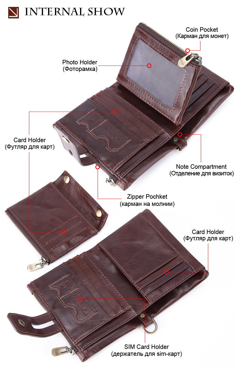 Cross-border Hot Selling Men's Cowhide Fashion Business Casual Multi-card Short Leather Wallet Zipper Card Bag Coin Purse