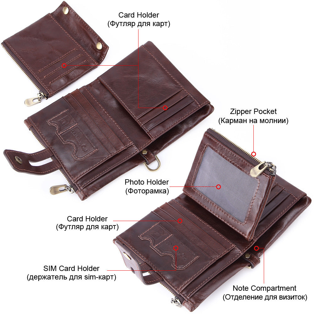 Cross-border Hot Selling Men's Cowhide Fashion Business Casual Multi-card Short Leather Wallet Zipper Card Bag Coin Purse