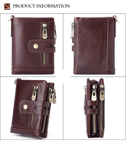 Cross-border Hot Selling Men's Cowhide Fashion Business Casual Multi-card Short Leather Wallet Zipper Card Bag Coin Purse