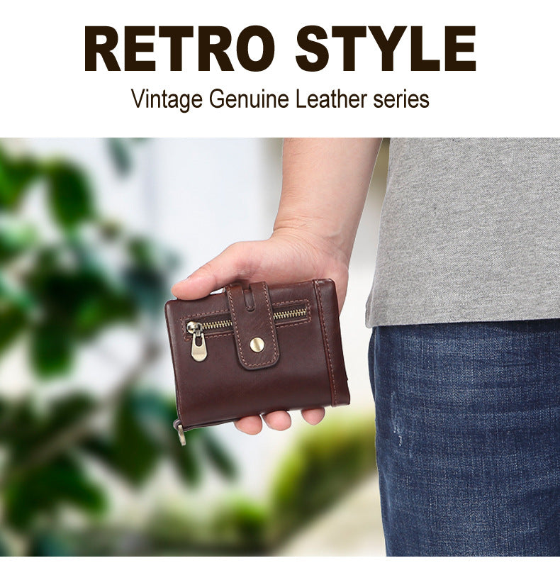 Cross-border Hot Selling Men's Cowhide Fashion Business Casual Multi-card Short Leather Wallet Zipper Card Bag Coin Purse