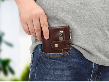 Cross-border Hot Selling Men's Cowhide Fashion Business Casual Multi-card Short Leather Wallet Zipper Card Bag Coin Purse