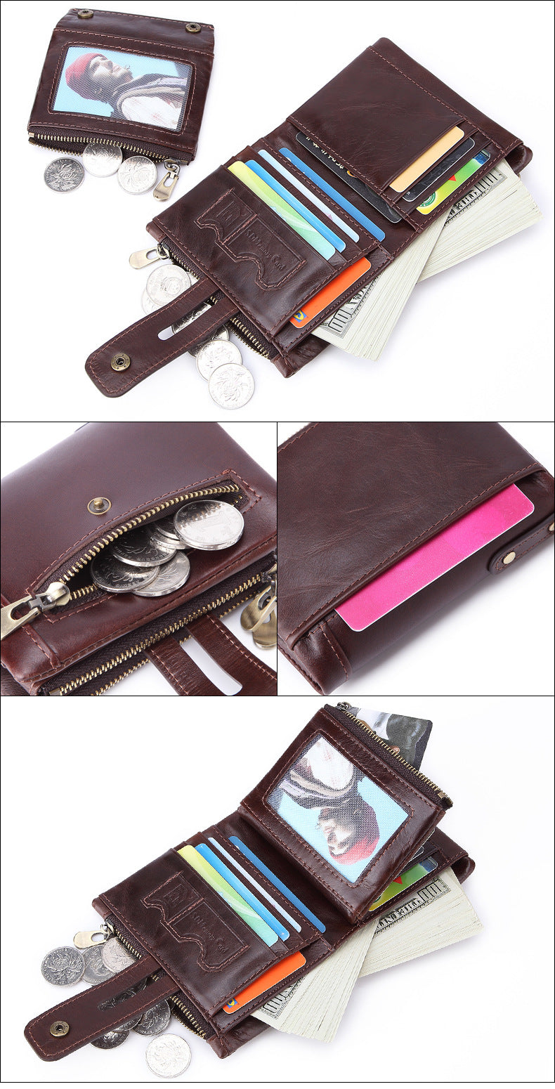 Cross-border Hot Selling Men's Cowhide Fashion Business Casual Multi-card Short Leather Wallet Zipper Card Bag Coin Purse