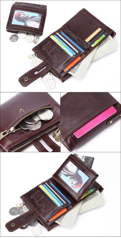 Cross-border Hot Selling Men's Cowhide Fashion Business Casual Multi-card Short Leather Wallet Zipper Card Bag Coin Purse