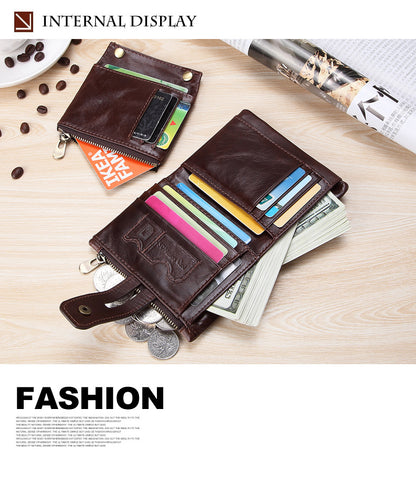 Cross-border Hot Selling Men's Cowhide Fashion Business Casual Multi-card Short Leather Wallet Zipper Card Bag Coin Purse