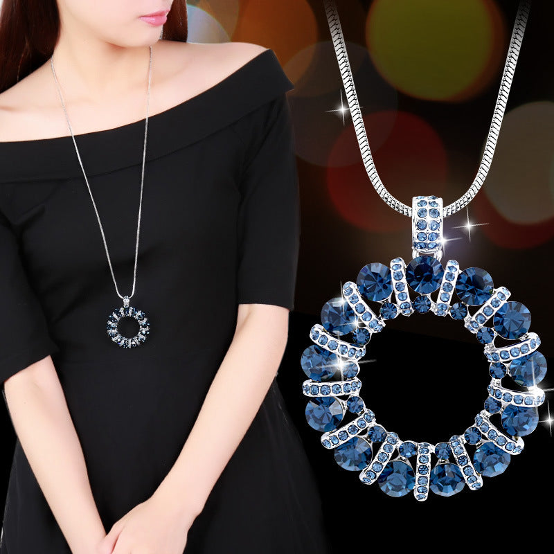 Diamond-Encrusted Circular Sweater Chain for Women 2024 New Autumn and Winter Long Necklace Clothing Accessory Geometric Shape Sparkling Diamond Pendant