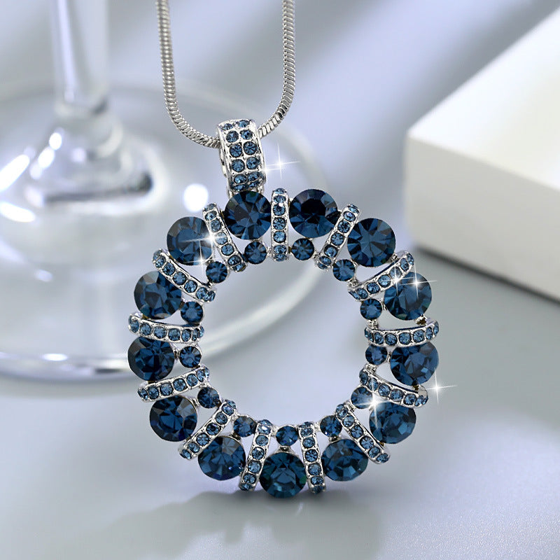 Diamond-Encrusted Circular Sweater Chain for Women 2024 New Autumn and Winter Long Necklace Clothing Accessory Geometric Shape Sparkling Diamond Pendant