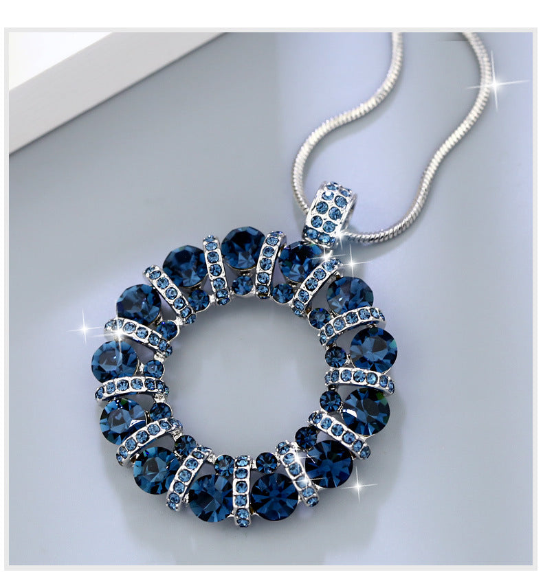 Diamond-Encrusted Circular Sweater Chain for Women 2024 New Autumn and Winter Long Necklace Clothing Accessory Geometric Shape Sparkling Diamond Pendant