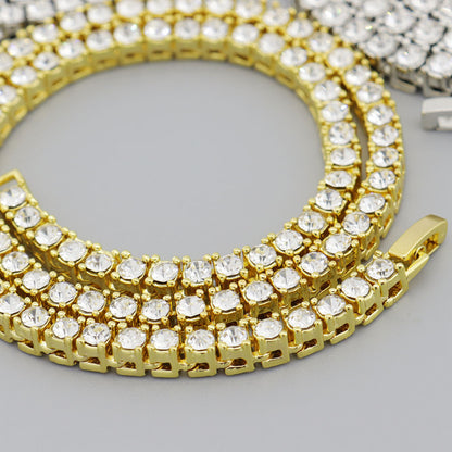 Cross-Border European and American Single-Row Diamond Hip-Hop Necklace 3mm 4 5mm Rhinestone Tennis Chain Unisex Tennis Chain Jewelry