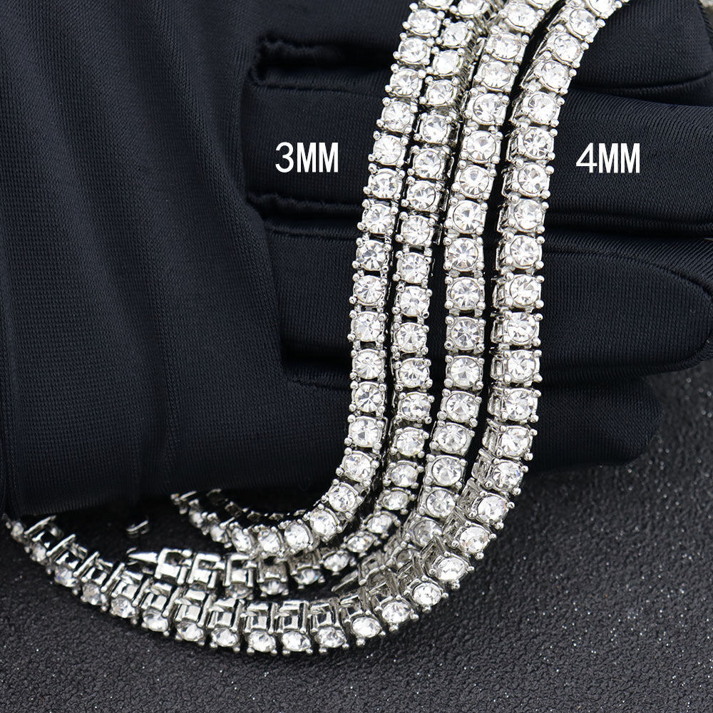 Cross-Border European and American Single-Row Diamond Hip-Hop Necklace 3mm 4 5mm Rhinestone Tennis Chain Unisex Tennis Chain Jewelry
