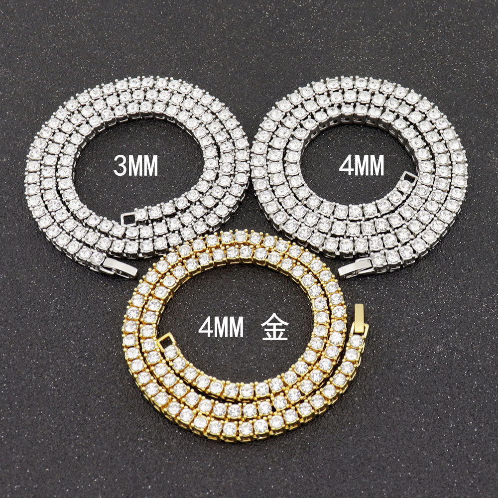 Cross-Border European and American Single-Row Diamond Hip-Hop Necklace 3mm 4 5mm Rhinestone Tennis Chain Unisex Tennis Chain Jewelry