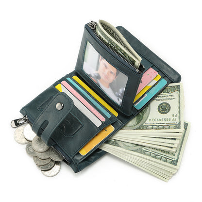 Cross-border Hot Selling Men's Cowhide Fashion Business Casual Multi-card Short Leather Wallet Zipper Card Bag Coin Purse