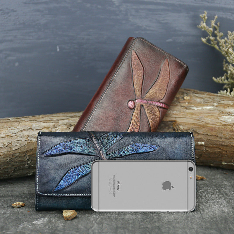 New Top Layer Cowhide Coin Purse Women's Butterfly Leather Carved Bag Long Wallet European and American Clutch Leather Women's Wallet