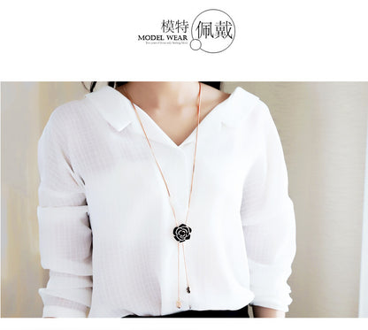 Korean Style Sparkling Black Rose Long Sweater Chain New High-End Elegant Retro Clothing Pendant Necklace Accessories