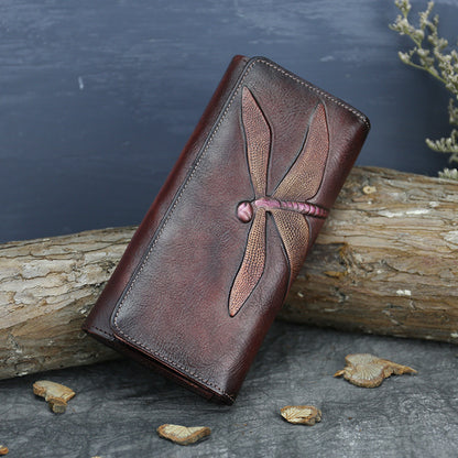 New Top Layer Cowhide Coin Purse Women's Butterfly Leather Carved Bag Long Wallet European and American Clutch Leather Women's Wallet