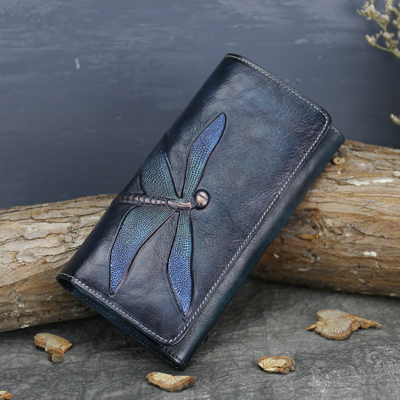 New Top Layer Cowhide Coin Purse Women's Butterfly Leather Carved Bag Long Wallet European and American Clutch Leather Women's Wallet