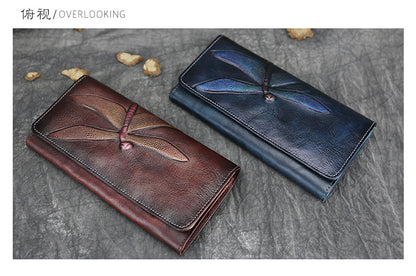 New Top Layer Cowhide Coin Purse Women's Butterfly Leather Carved Bag Long Wallet European and American Clutch Leather Women's Wallet