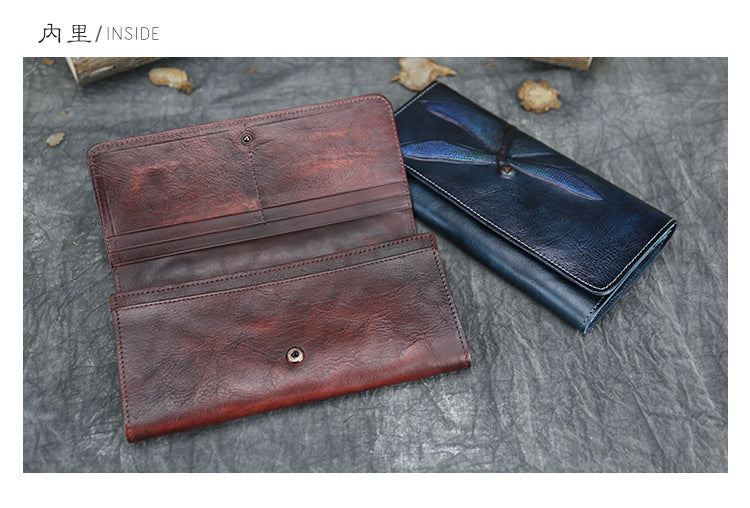New Top Layer Cowhide Coin Purse Women's Butterfly Leather Carved Bag Long Wallet European and American Clutch Leather Women's Wallet