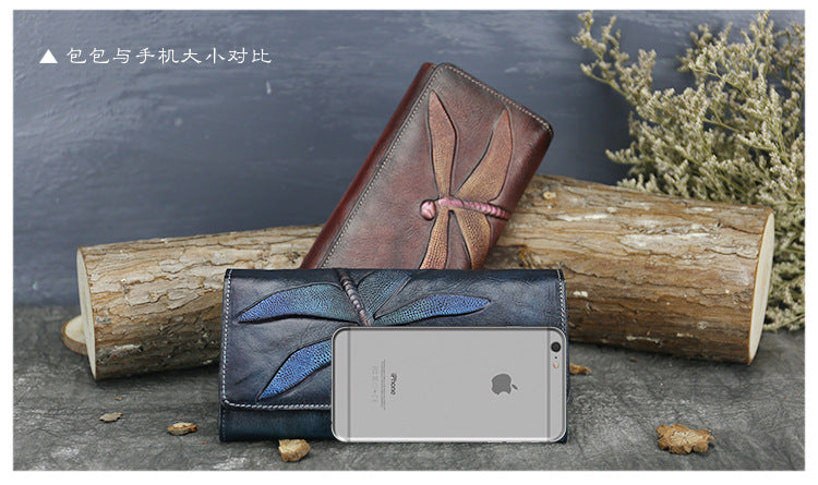 New Top Layer Cowhide Coin Purse Women's Butterfly Leather Carved Bag Long Wallet European and American Clutch Leather Women's Wallet